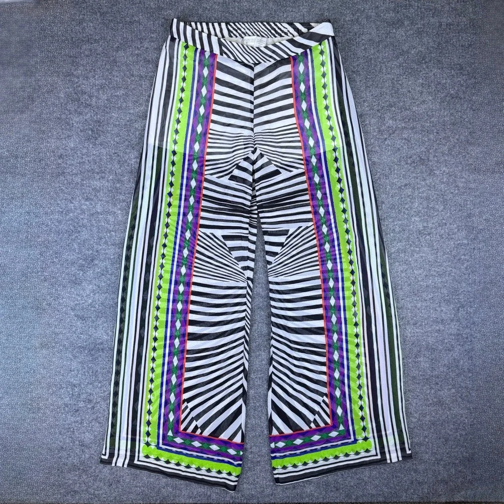 Bisou Bisou Michele Bohbot Wide Leg‎ Mesh Pants Geometric Print Festival Funky M - Picture 3 of 8